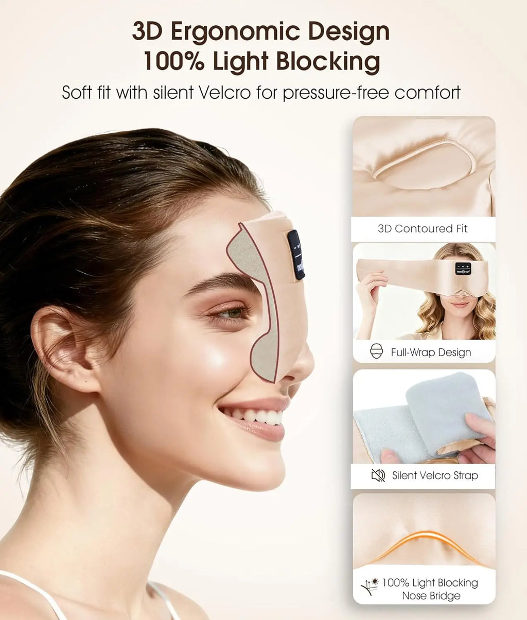 Silk Bluetooth Sleep Mask with Ultra-Thin Speakers, 3D Ergonomic Design for Side Sleepers, 14-Hour Battery, USB-C Charging