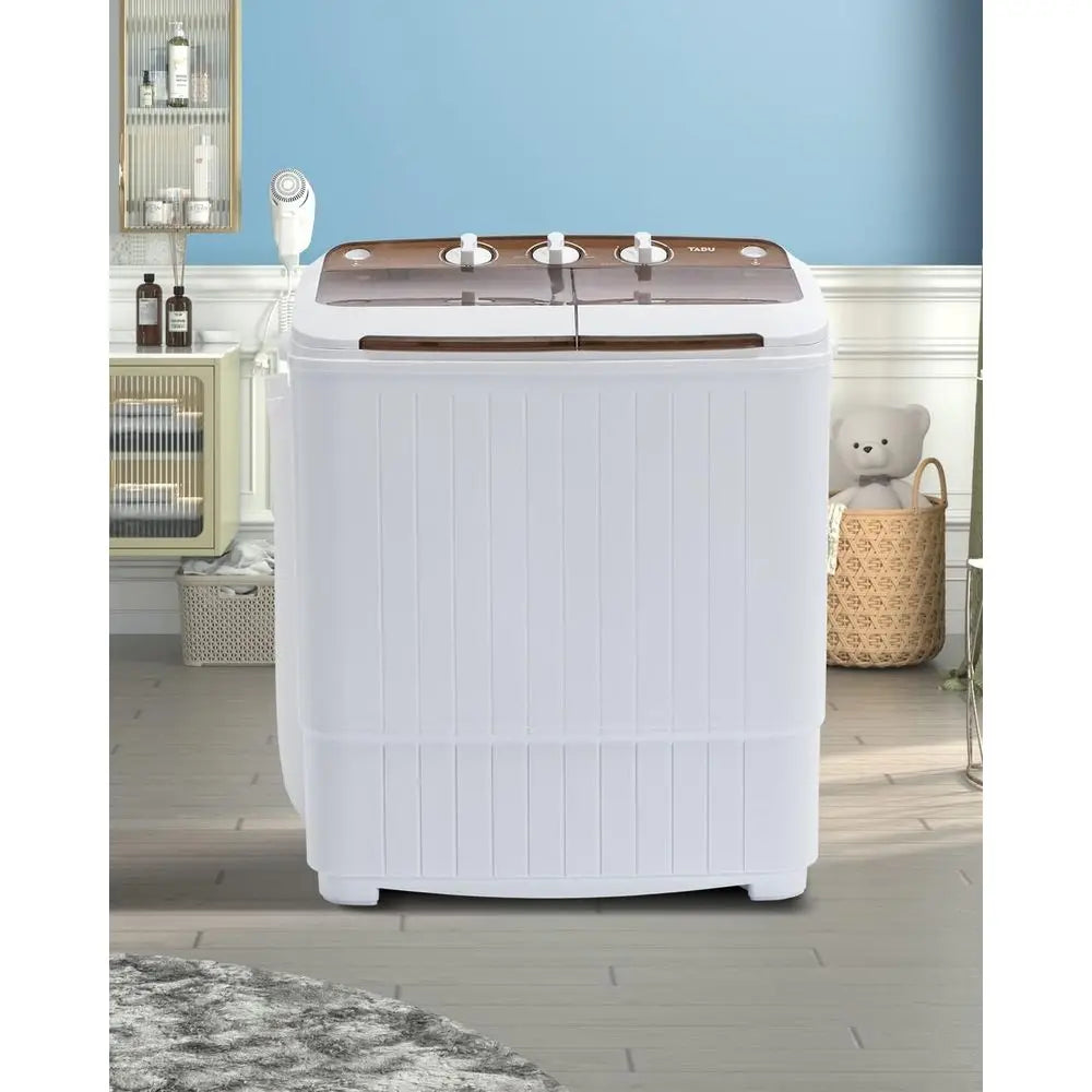 Compact Twin-Tub Portable Washer and Spin Dryer - Ideal for Dorms, Apartments, RVs, and Camping (White & Brown)