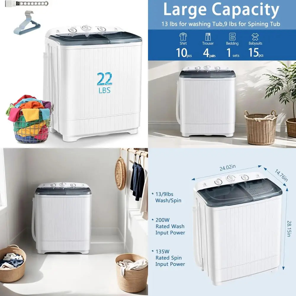 Compact Twin Tub Washer and Dryer, 22lbs Capacity, with Rack & Hangers, Ideal for Camping and RV Use