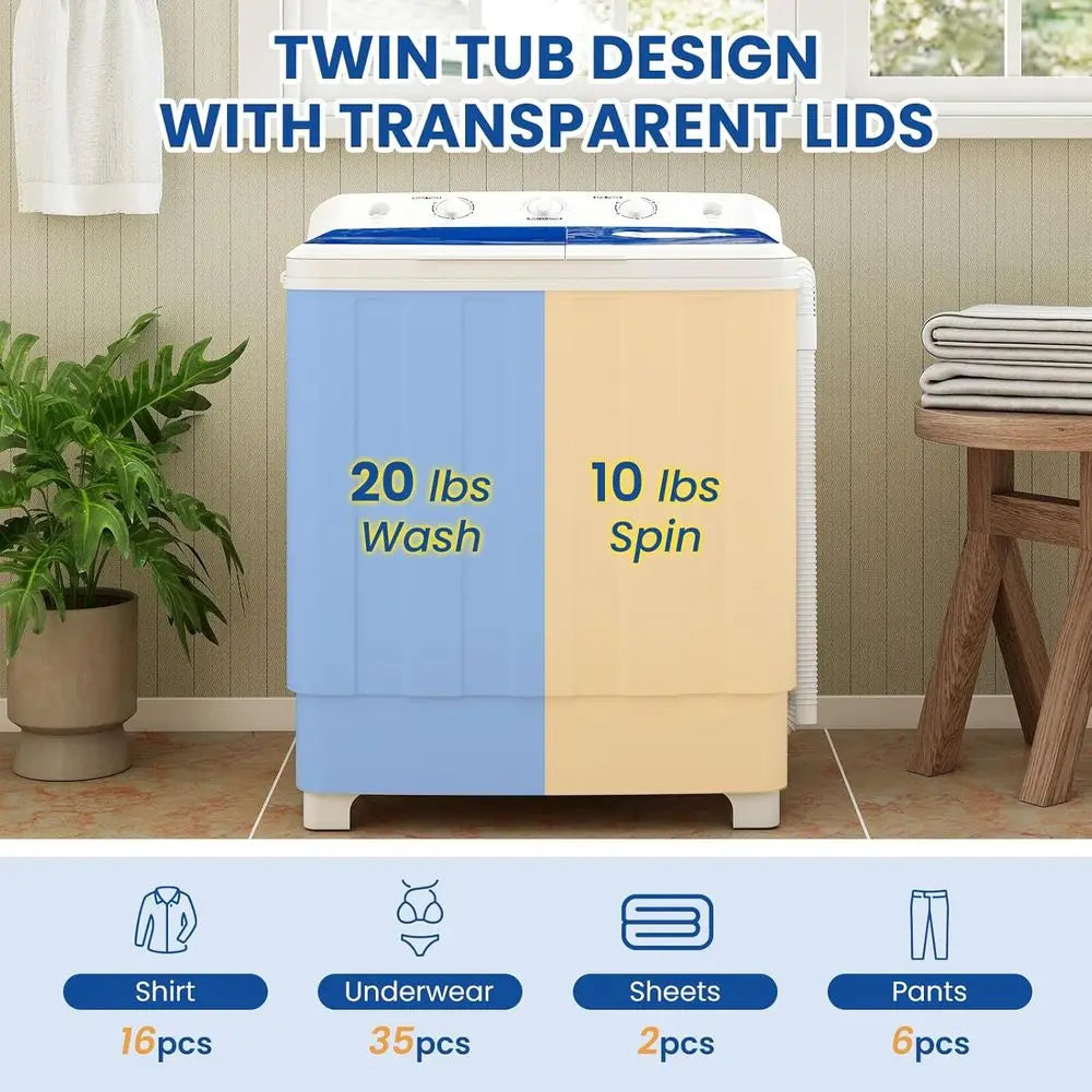 Compact 30-Pound Portable Washing Machine, 20-Pound Washer, and 10-Pound Spin Dryer Combo for Apartments, Dorms, and RVs