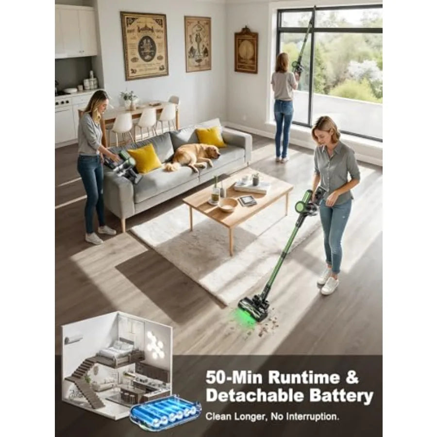 Cordless Vacuum Cleaner 58kPa 10-in-1 Stick Vacuum with 29-inch Hose and LED Lighting Brush 55Mins Runtime Self-Standing Vacuum