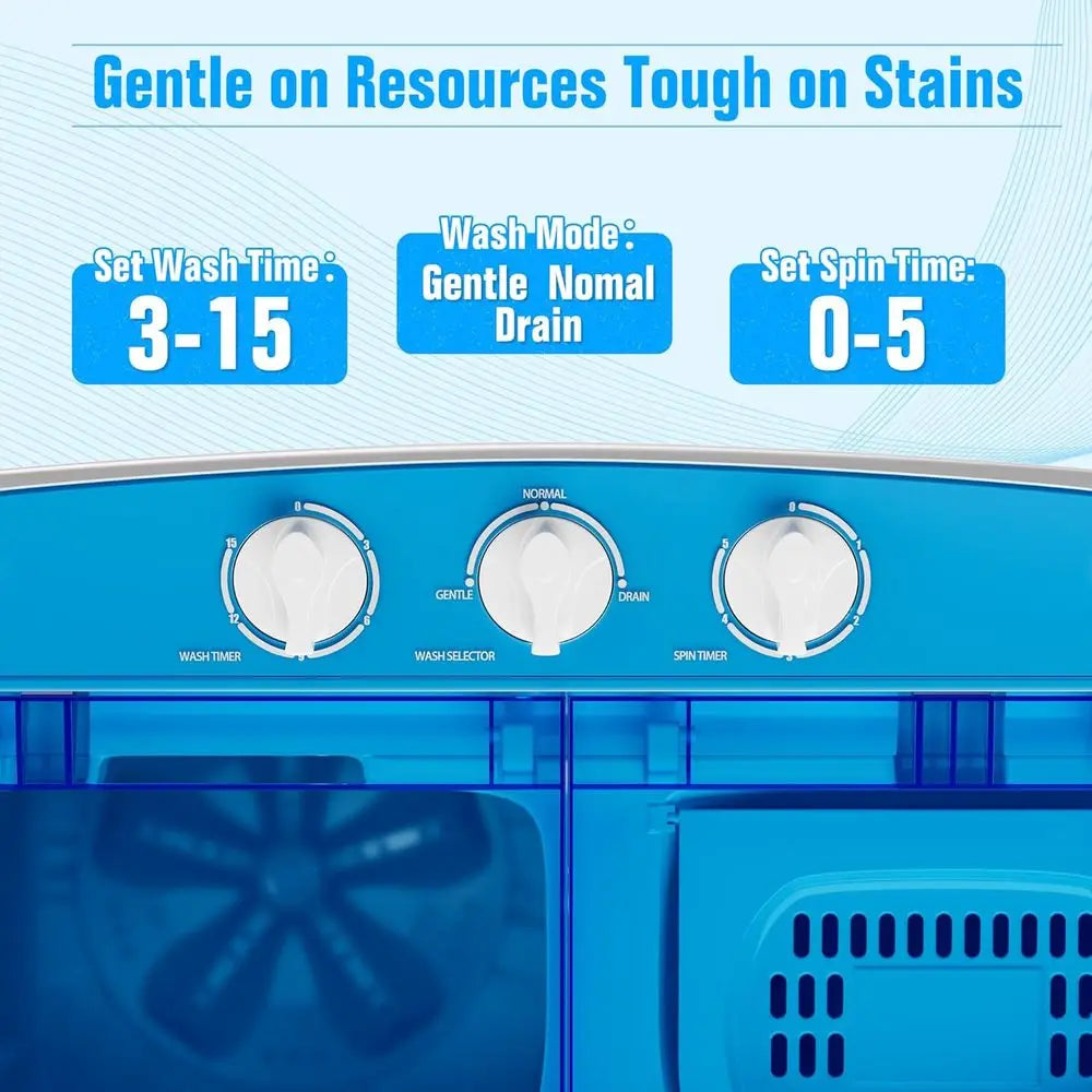 Compact Twin-Tub Washer & Dryer, 16lbs Capacity, 9.6lbs Wash and 6.4lbs Spin, Semi-Automatic, Ideal for Dorms & Apartments, Blue