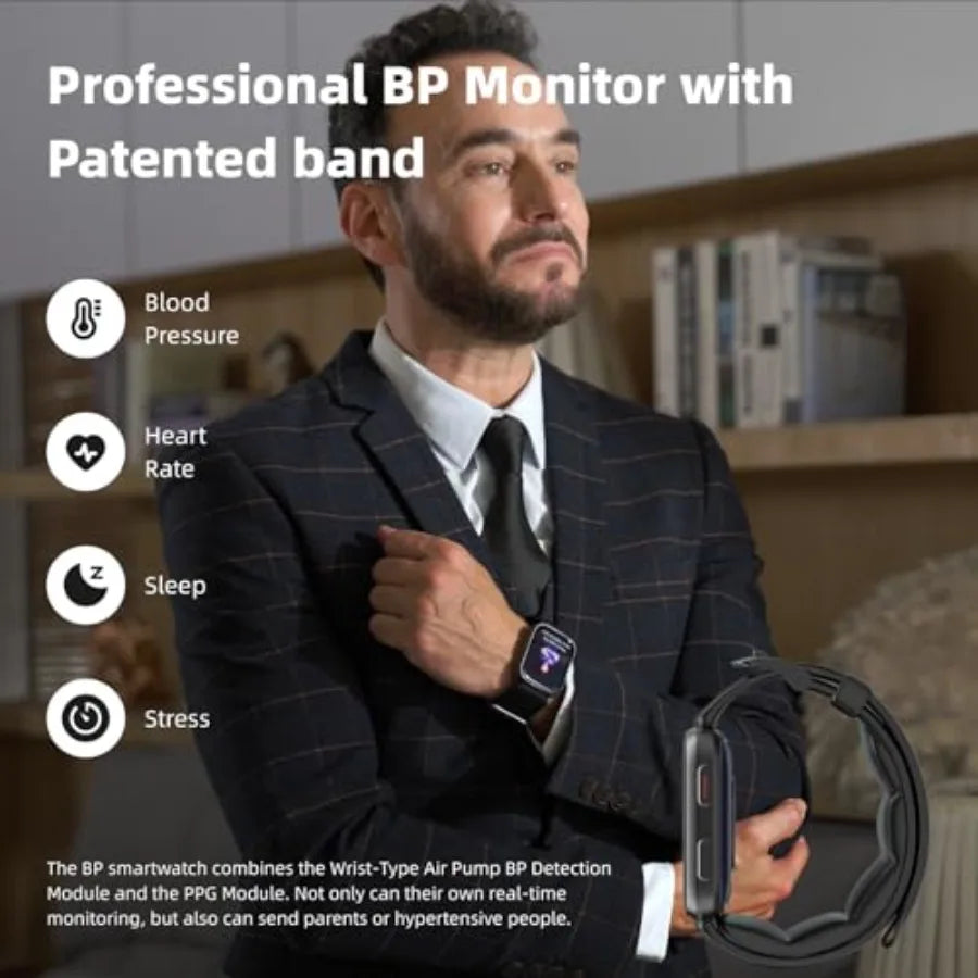 Smart Watch Blood Pressure Monitor 1.95 with Air Pump Cuff Black Sleep Heart Rate Tracking Pedometer Data Sharing Reminder Aler