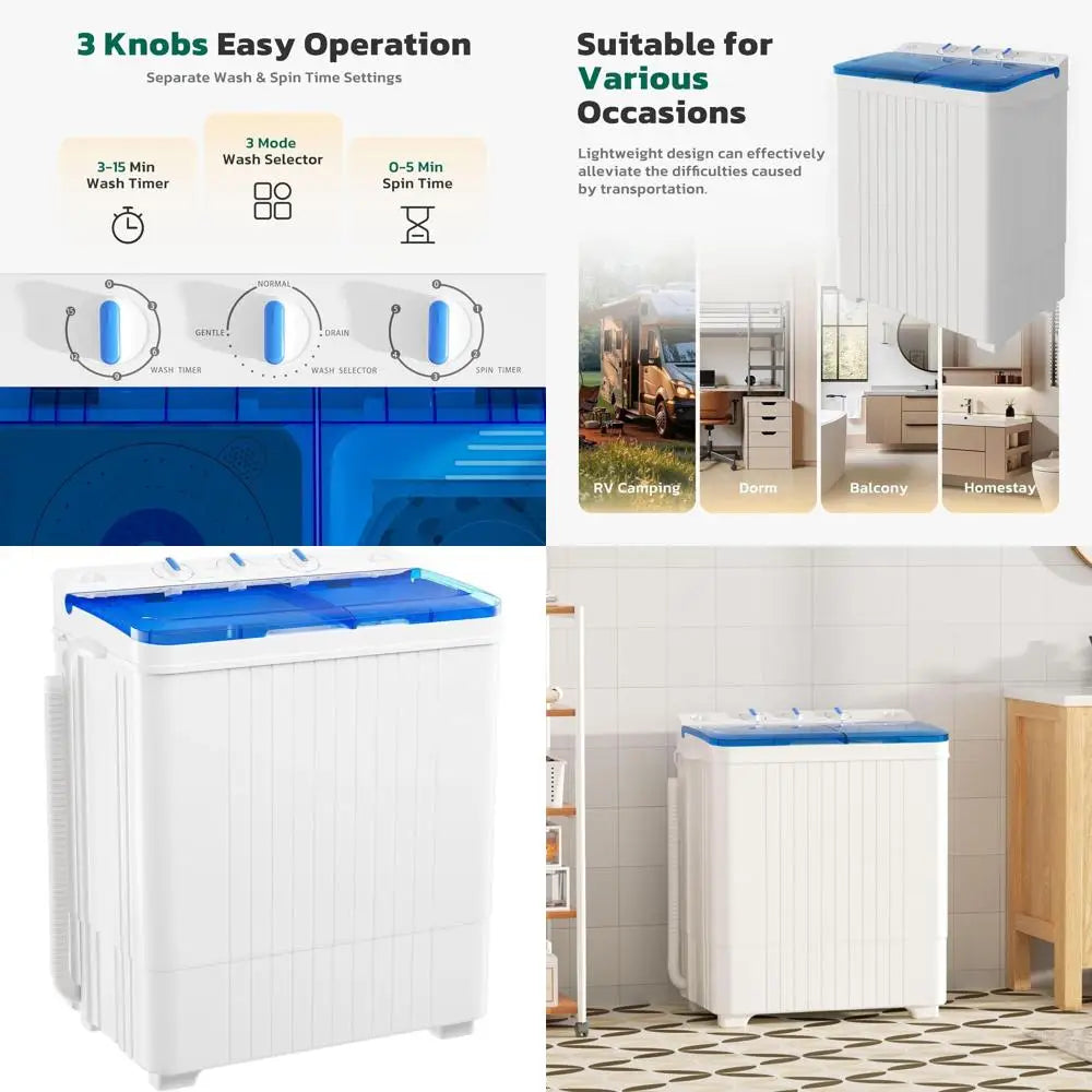 Compact Twin-Tub Laundry Washer & Dryer Combo, 18lbs Wash & 10lbs Spin, Ideal for Dorms, Camping, RVs, Blue & White