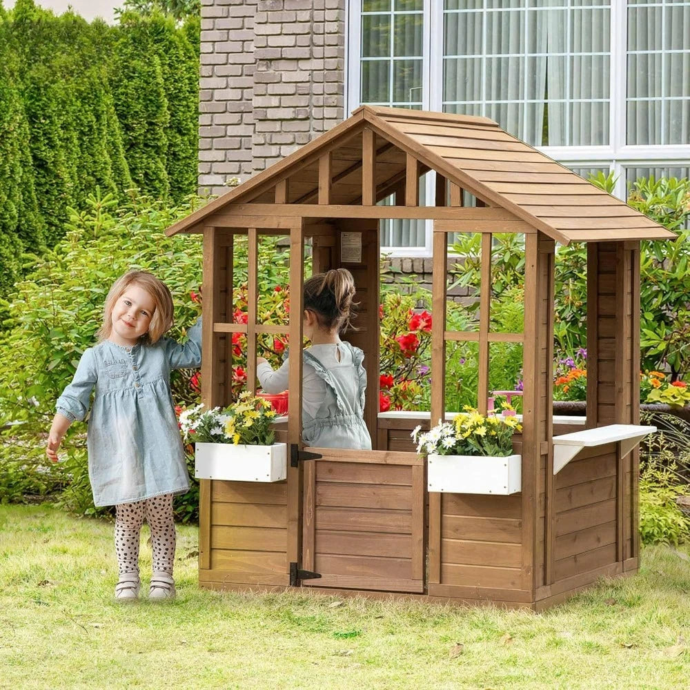 Wooden Playhouse, Outdoor Garden Games Cottage, with Working Door, Windows, Flowers Pot Holder, 47" X 38" X 54", Customized