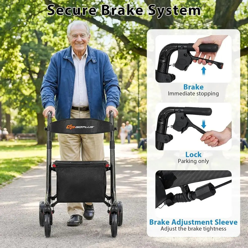 Ultralight Carbon Fiber Rollator Walker with 8 Wheels, 6-Position Handle, Adjustable Backrest for Adult Mobility